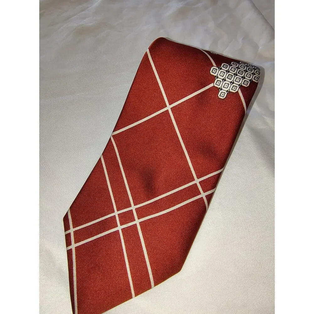 Vintage JC Penney Maroon Diamond Grid Polyester Necktie Italy